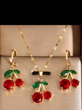 CHERRY NECKLACE/EARRINGS FRENCH BACK CLOSURES 20 IN CHAIN